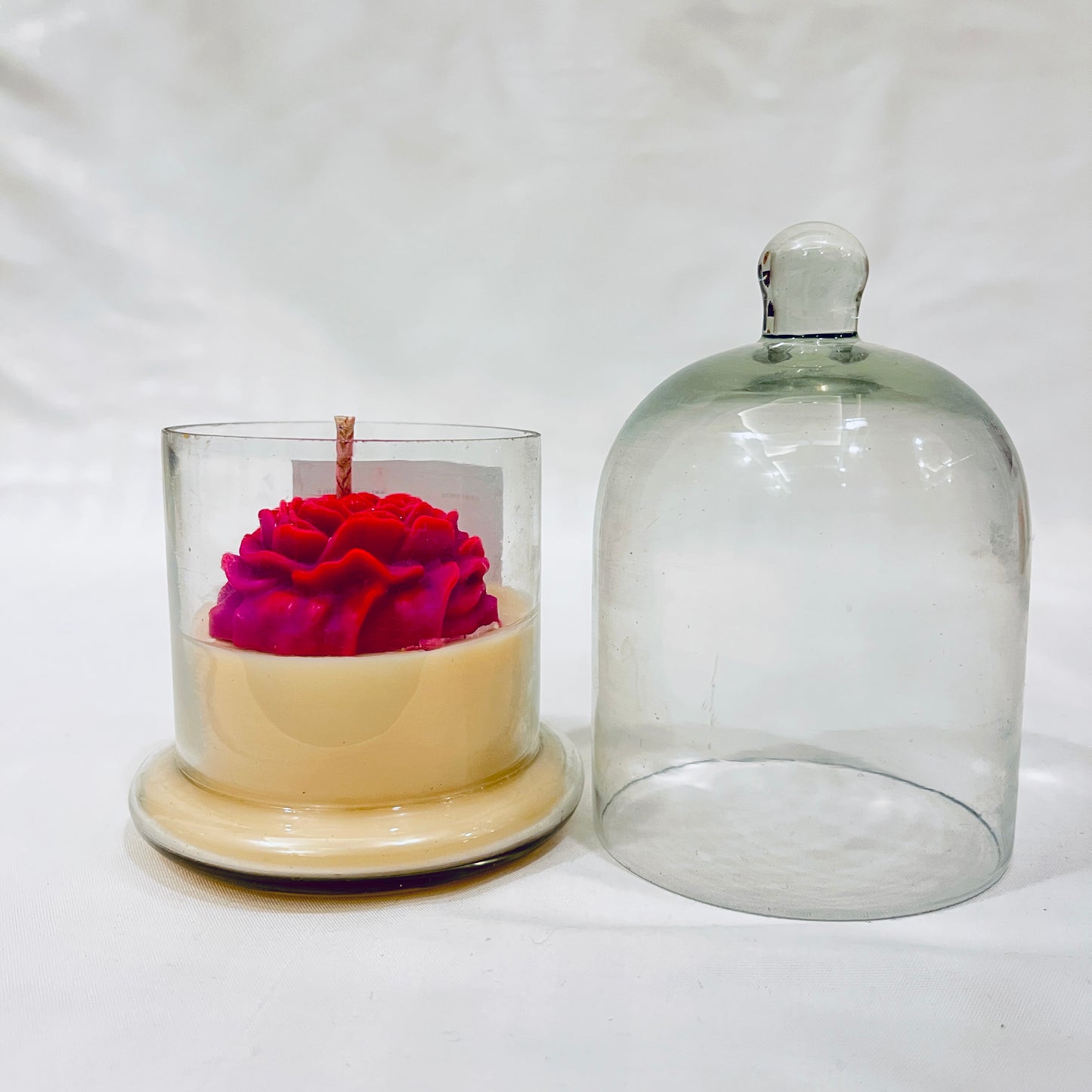 Side view of Jaivik Store Lavender Bliss bell jar soy wax candle, 150g, lid open, stylish eco-friendly craftsmanship