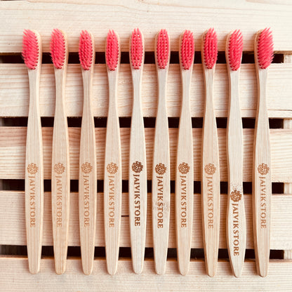Jaivik Store Bamboo Toothbrush for Adults, Round Pink Handle, Set of 10 – Eco-friendly, BPA-free bamboo and soft bristles