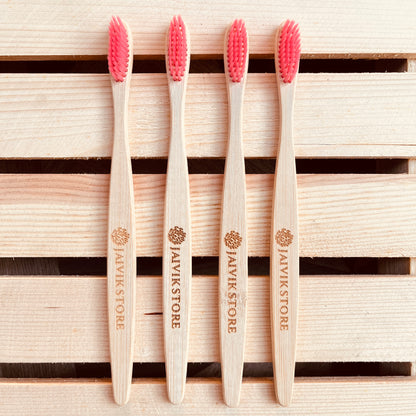 Jaivik Store Bamboo Toothbrush for Adults, Round Pink Handle, Set of 4 – Sustainable, biodegradable with activated charcoal