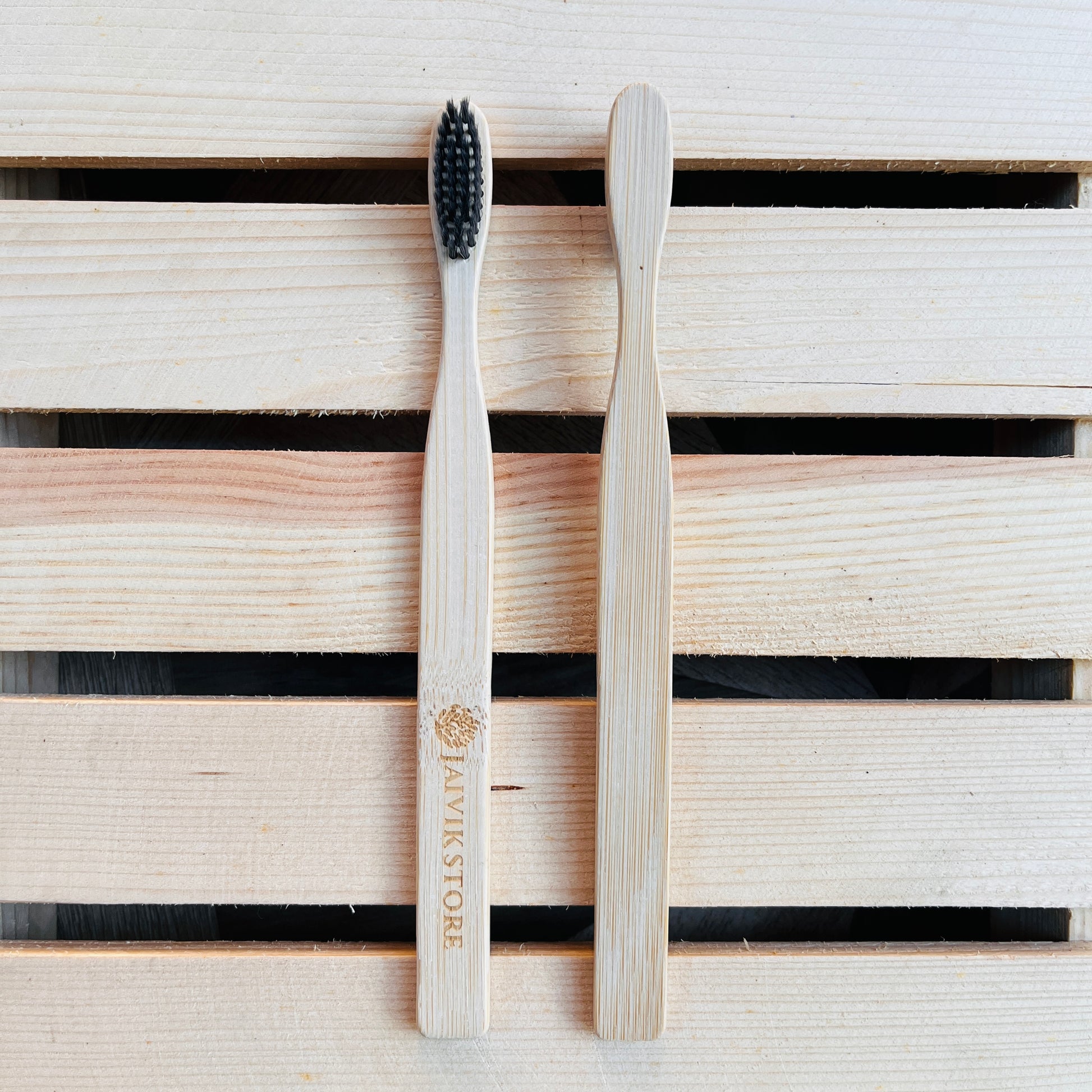 Back view of Jaivik Store Bamboo Toothbrush for Adults, Flat Charcoal – Sustainable, biodegradable, flat handle