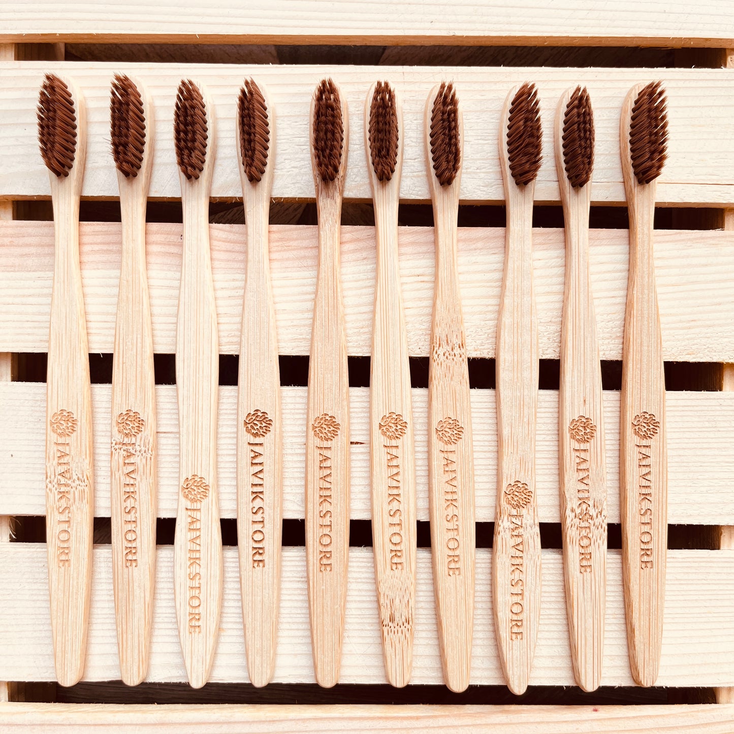 Jaivik Store Bamboo Toothbrush for Adults, Round Brown Handle, Set of 10 – BPA-free, eco-friendly, activated charcoal bristles