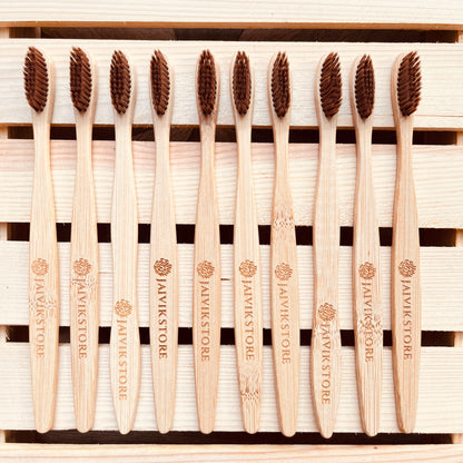 Jaivik Store Bamboo Toothbrush for Adults, Round Brown Handle, Set of 10 – BPA-free, eco-friendly, activated charcoal bristles