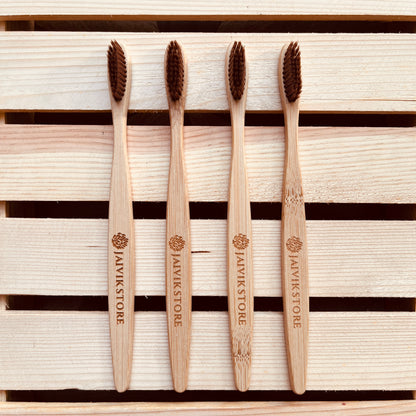 Jaivik Store Bamboo Toothbrush for Adults, Round Brown Handle, Set of 4 – Biodegradable bamboo, soft charcoal-infused bristles