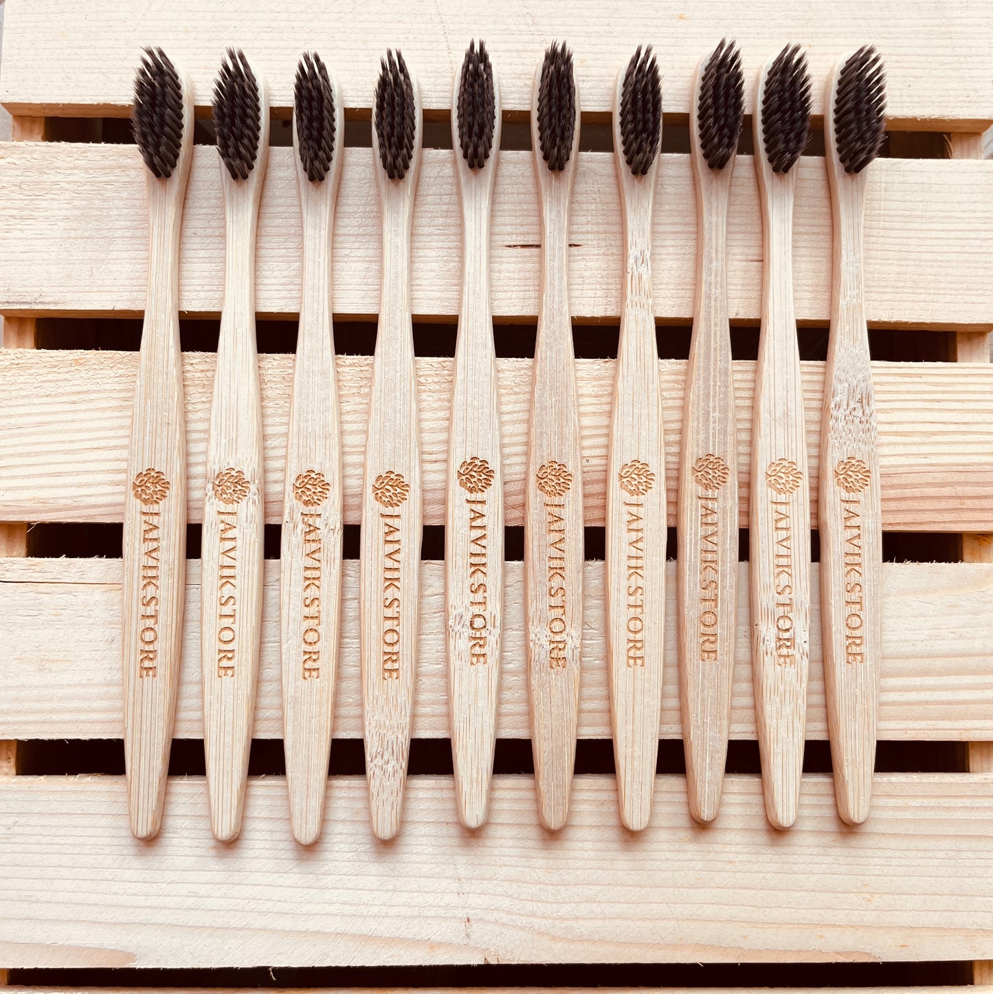 Jaivik Store Bamboo Toothbrush for Adults, Round Charcoal Handle, Set of 10 – Eco-friendly, soft bristles, biodegradable bamboo