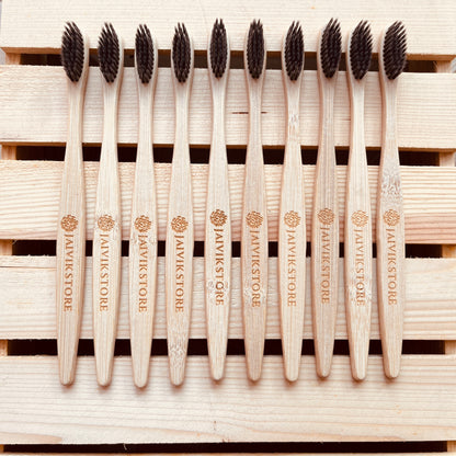 Jaivik Store Bamboo Toothbrush for Adults, Round Charcoal Handle, Set of 10 – Eco-friendly, soft bristles, biodegradable bamboo