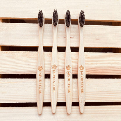 Jaivik Store Bamboo Toothbrush for Adults, Round Charcoal Handle, Set of 4 – Sustainable bamboo, soft activated charcoal bristles