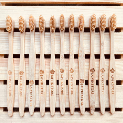 Jaivik Store Bamboo Toothbrush for Adults, Round Fibre Handle, Set of 10 – Eco-friendly bamboo, soft activated charcoal bristles