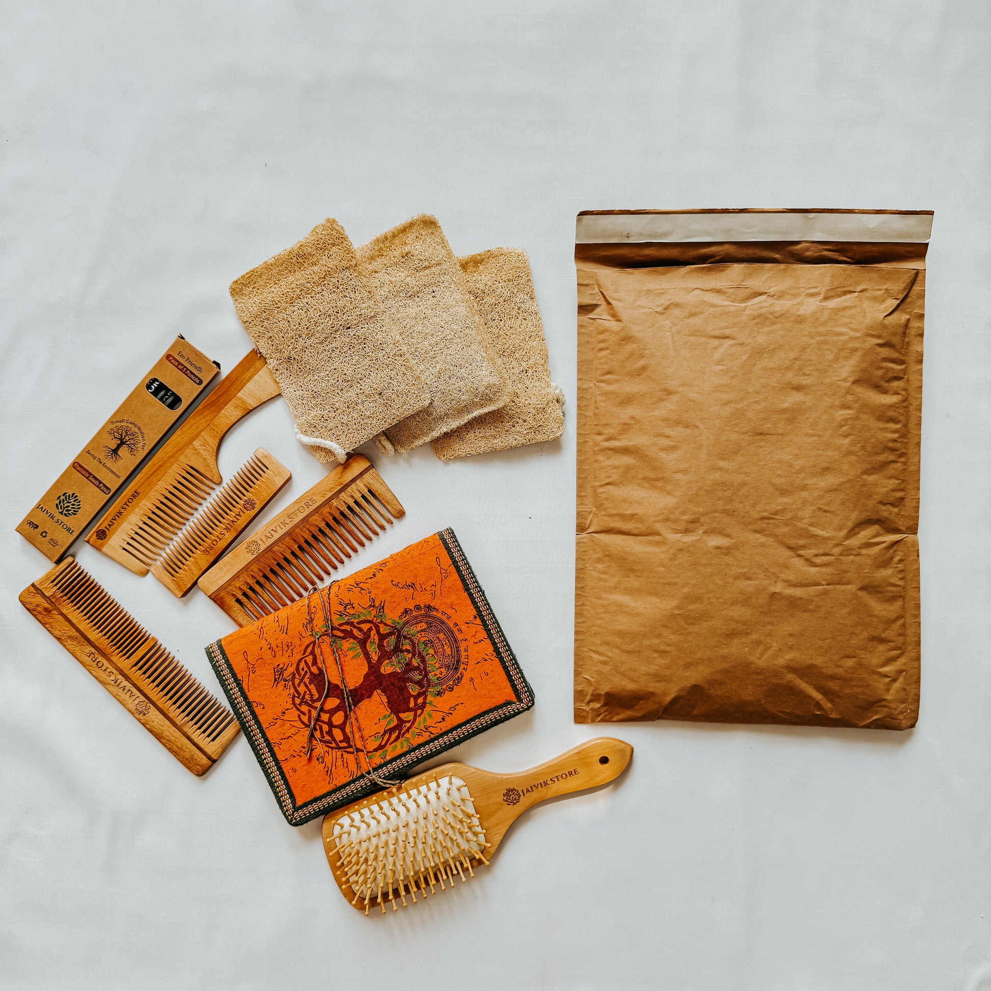 Jaivik Store EcoArmor shockproof paper mailer with packed item displayed outside, showing secure and recyclable design