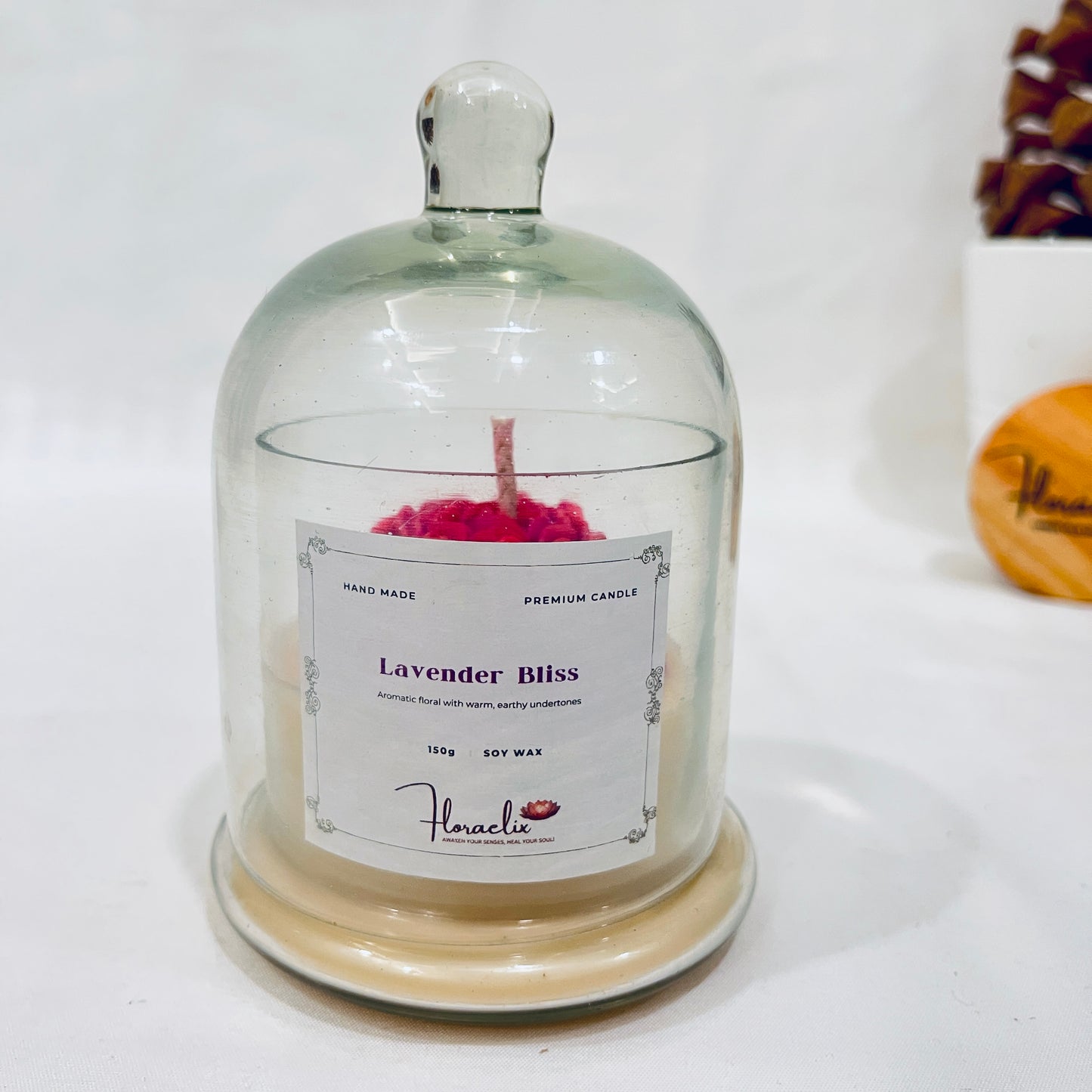 Front view of Jaivik Store Lavender Bliss bell jar soy wax candle, 150g, lid closed, eco-friendly and premium design.