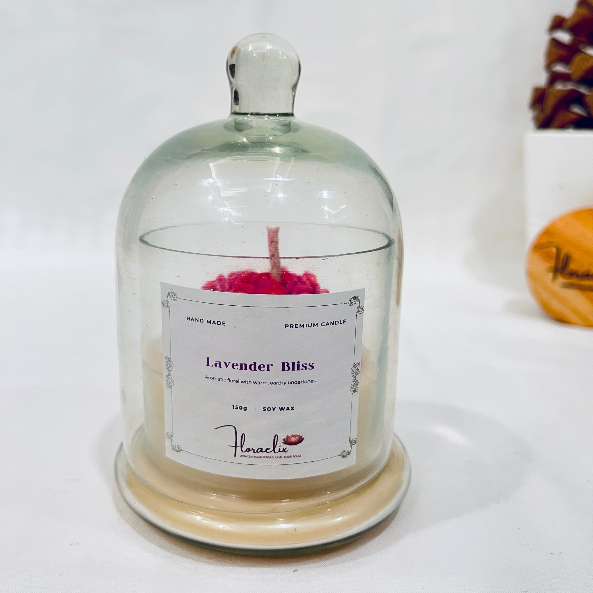 Front view of Jaivik Store Lavender Bliss bell jar soy wax candle, 150g, lid closed, eco-friendly and premium design.