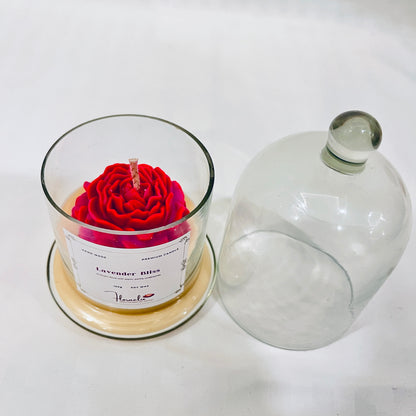 Close-up of Jaivik Store Lavender Bliss bell jar soy wax candle, 150g, lid open, with wick visible for premium detail