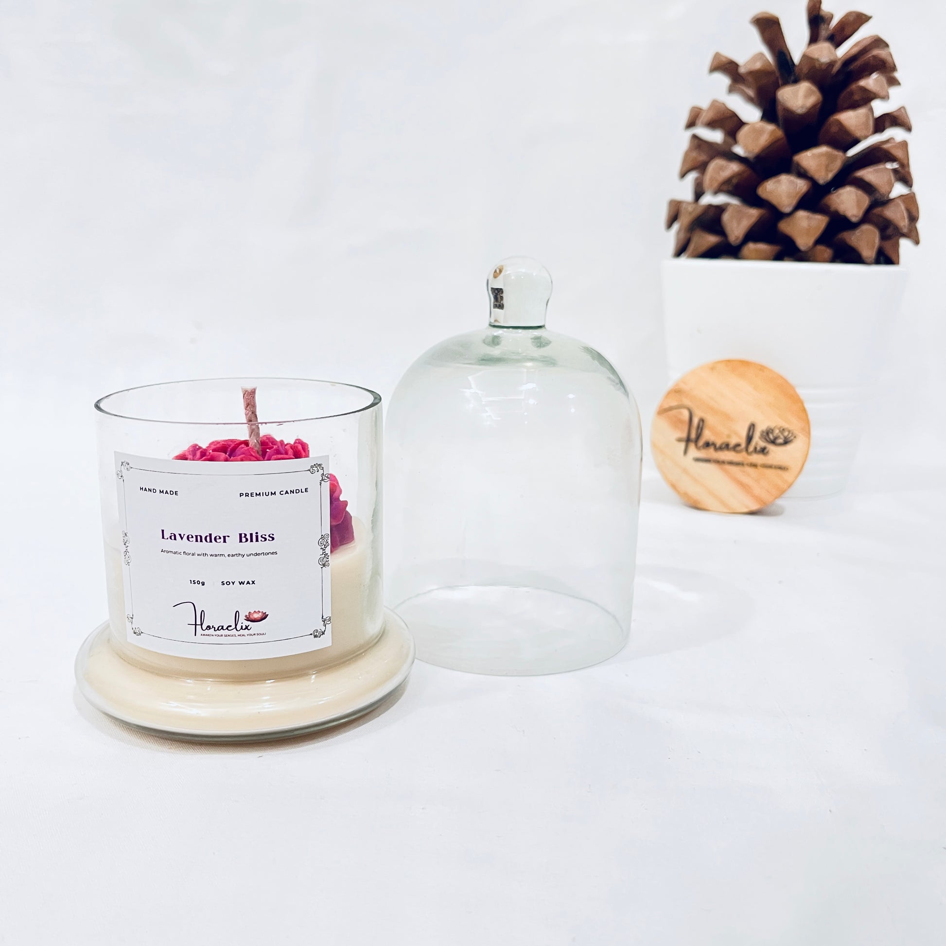 Front view of Jaivik Store Lavender Bliss bell jar soy wax candle, 150g, lid open, showcasing soothing elegance