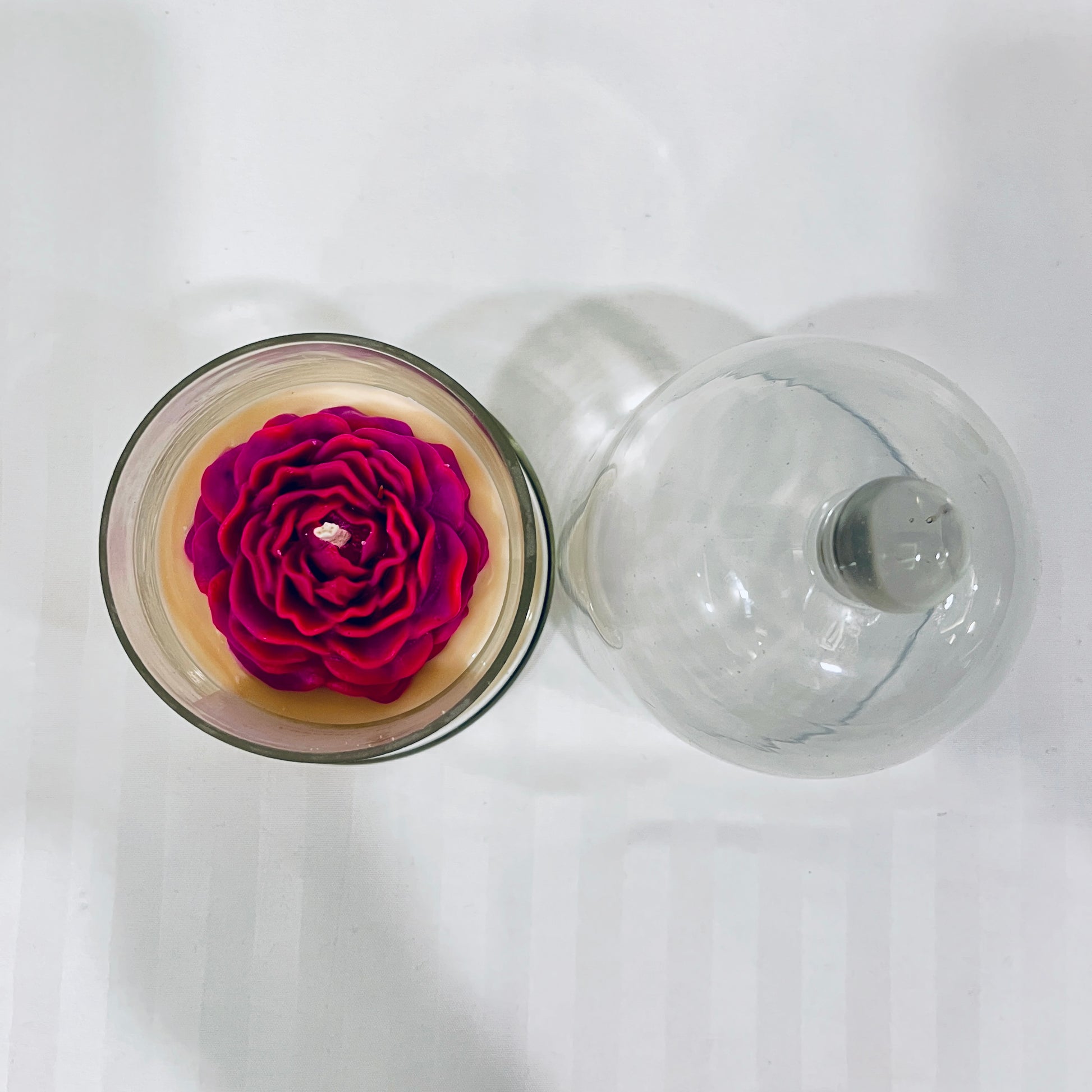 Top view of Jaivik Store Lavender Bliss bell jar soy wax candle, 150g, lid open, revealing smooth wax surface