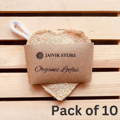 Jaivik Store pack of 10 organic heart-shaped loofah sponges, perfect for gentle skin exfoliation and glowing skin